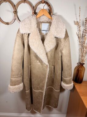 NVLT XL Faux Shearling Long Coat Camel Teddy Collar Oversized Winter